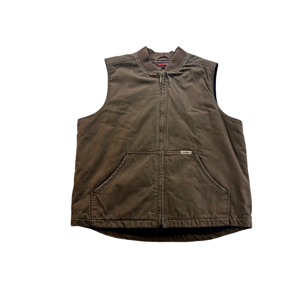 Wolverine Mens XL Brown Canvas Quilted Lined Workwear Vest Full Zip Utility